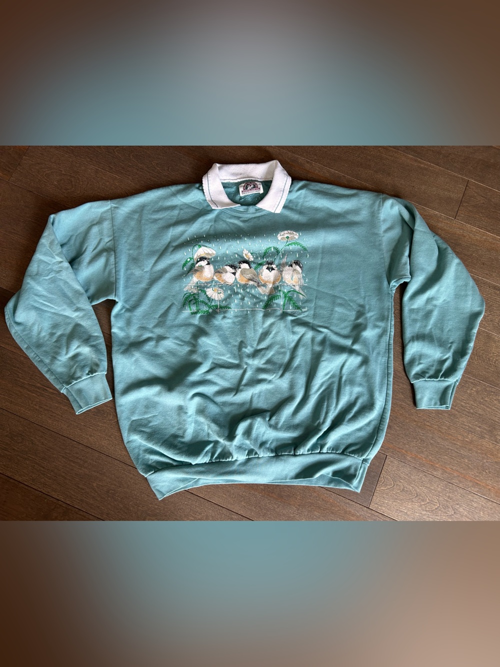 Vintage Canada North Teal Pullover Sweater with Collar and bird design size L